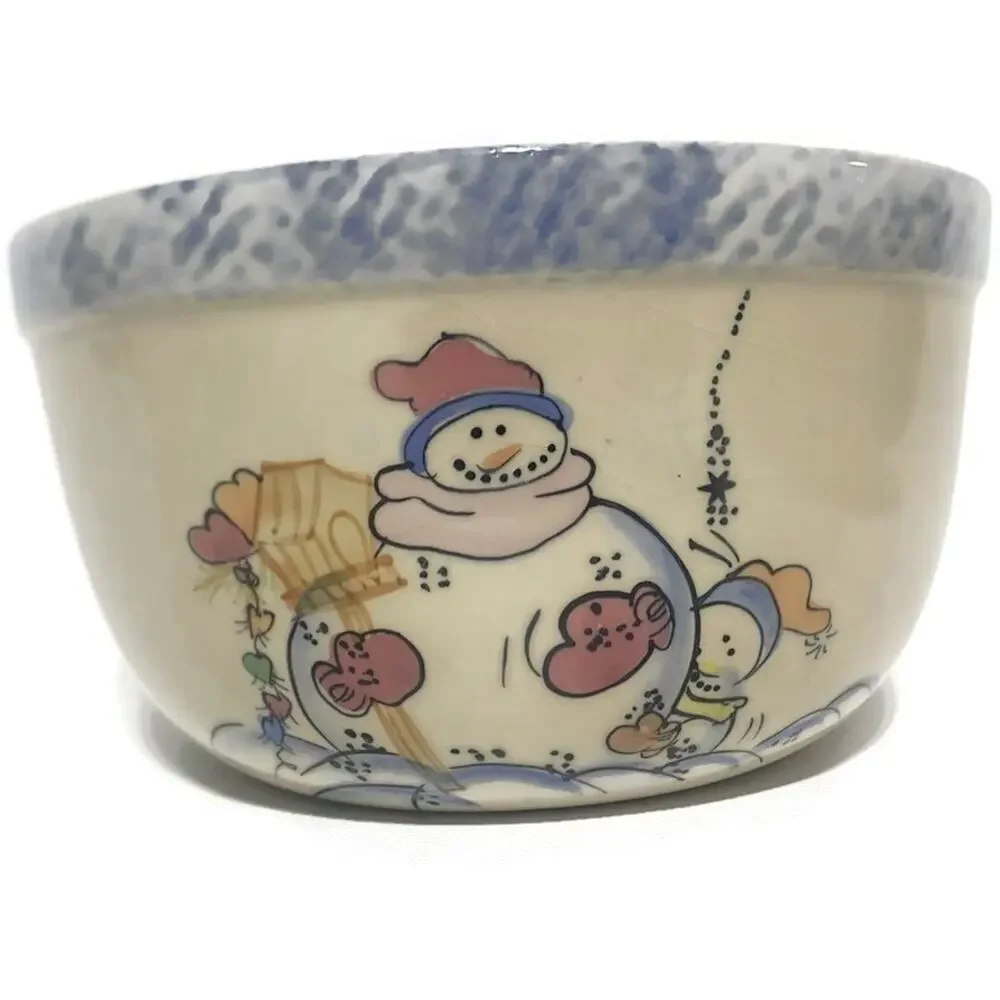 Vintage Stoneware Nesting Bowls Snowman Holiday Winter Vital Unit Set of Three